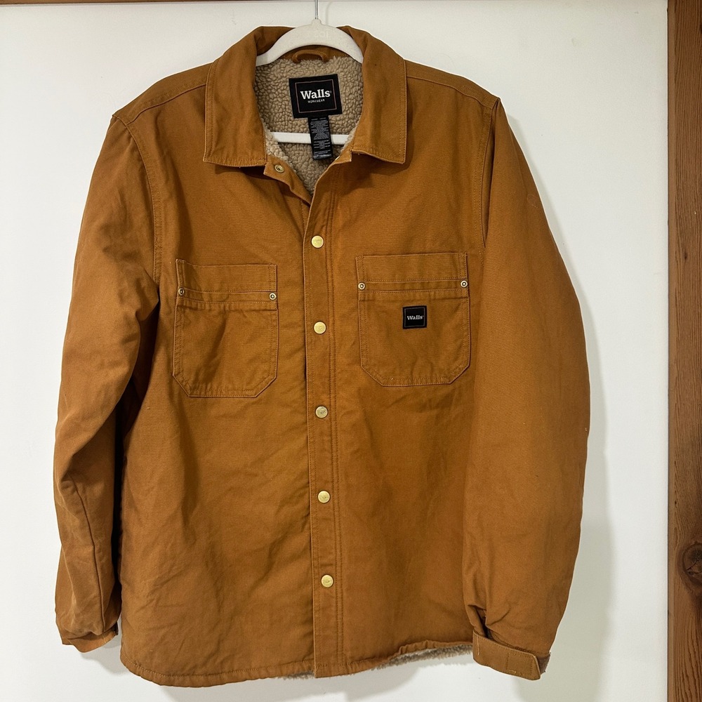 Walls Workwear Men's M Brown Duck Canvas Sherpa Lined Shirt Jacket Distressed